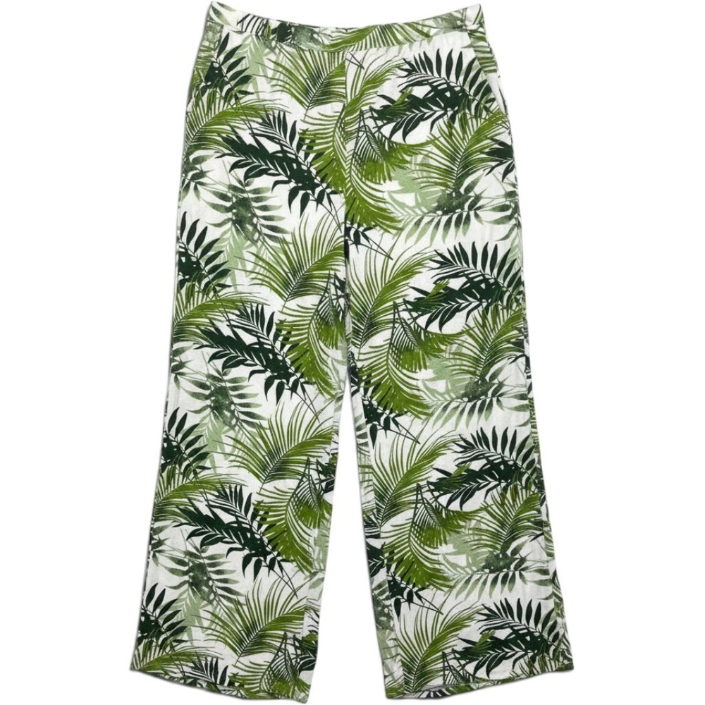 Cream Green Tropical Palm Leaf Print Wide Leg Pants Women's XL Cotton Blend Vaca
